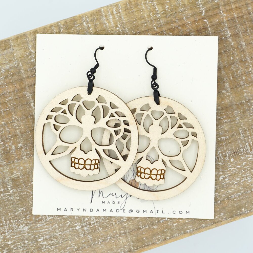 Laser-Cut Skull Earrings | Finished Maple Wood | Day of the Dead Inspired Jewelr